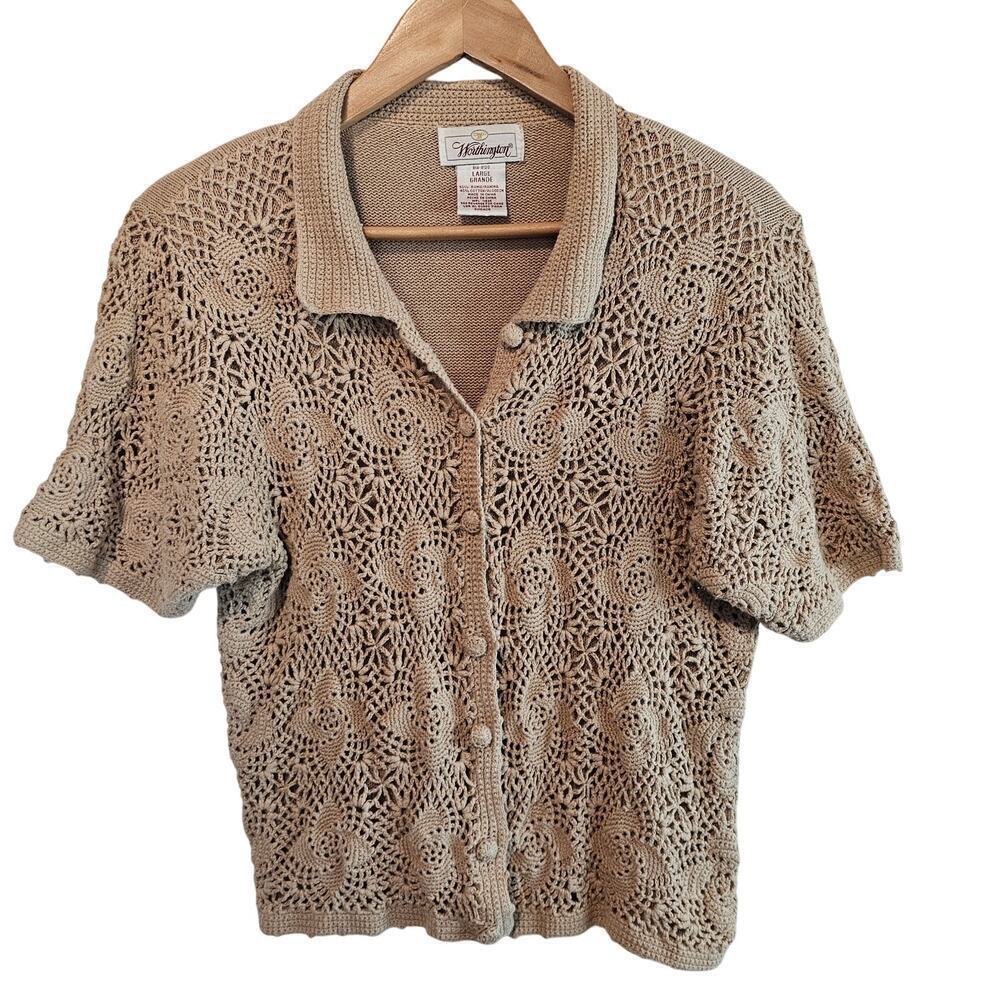 Vintage Worthington Cardigan Womens Large Beige Crochet Knit Cottagecore 90s Y2K